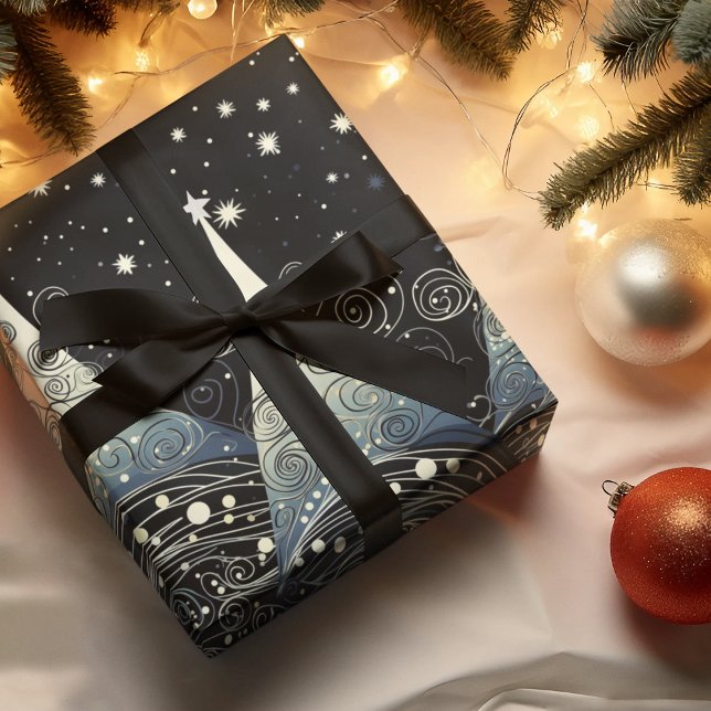 Festive Twilight Christmas Trees Wrapping Paper Sheet (Festive twilight holiday trees with stars wrapping paper for Christmas. Whimsical and cute!)