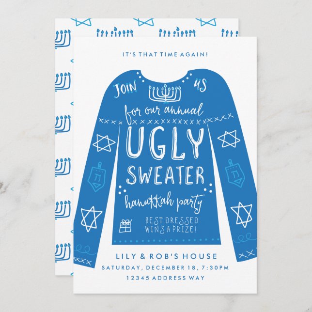 Festive Ugly Sweater Hanukkah Party Invitations (Front/Back)