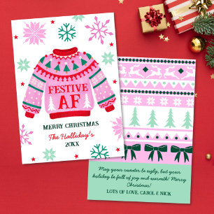 Festive Ugly Sweater & Snowflakes Couple Holiday Card
