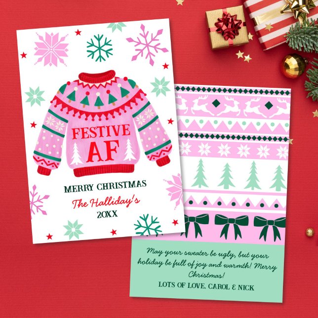 Festive Ugly Sweater & Snowflakes Couple Holiday Card (Festive Ugly Sweater & Snowflakes Couple Holiday Card)