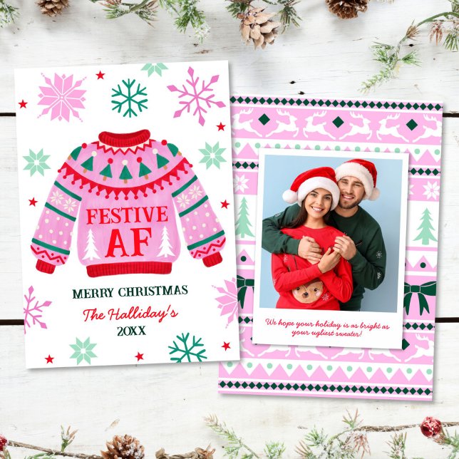 Festive Ugly Sweater & Snowflakes Couple Photo Holiday Card (Festive Ugly Sweater & Snowflakes Couple Photo Holiday Card)
