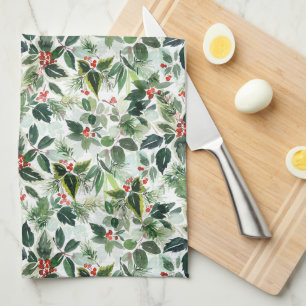 Festive Variegated Winterberry Pattern Christmas Tea Towel