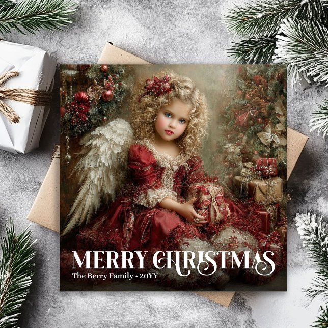 Festive Victorian Angel Burgundy Red Green Xmas Holiday Card (Festive Victorian Angel Burgundy Red Green Christmas)