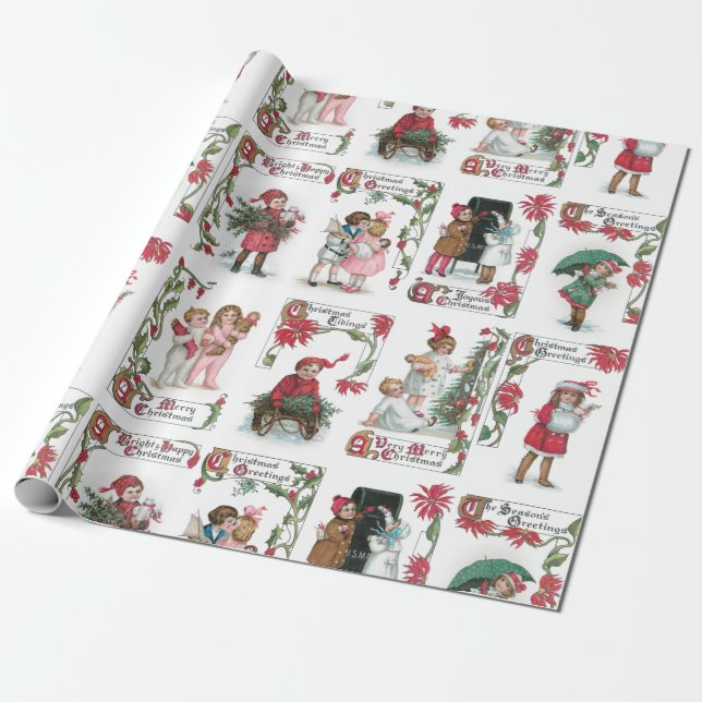 Festive Victorian Children w/Christmas Greetings Wrapping Paper (Unrolled)