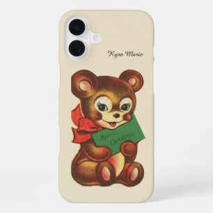 Festive Vintage Christmas bear add name iPhone 16 Plus Case