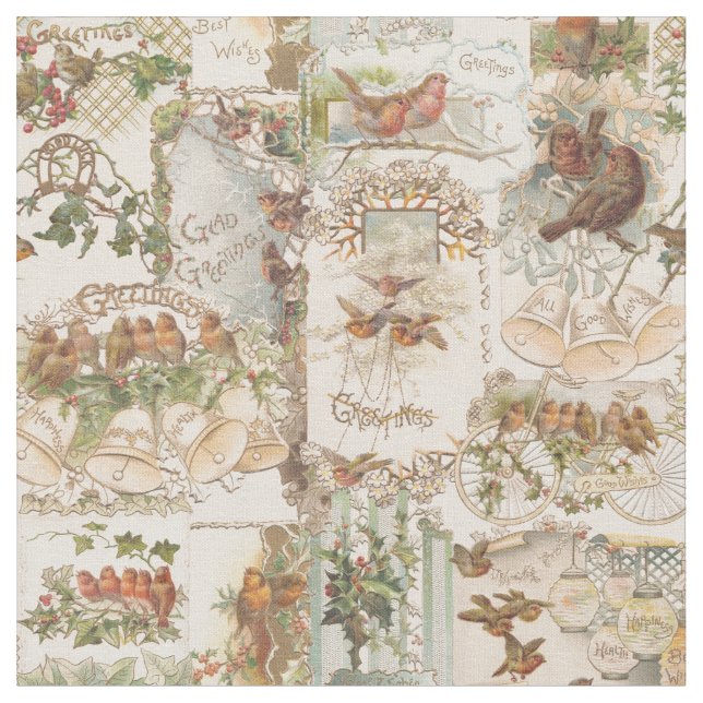 Festive Vintage Christmas Bird and Flower Ephemera Fabric (Close Up)