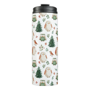 Festive Vintage Christmas Bird Woodland Pattern Thermal Tumbler