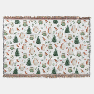 Festive Vintage Christmas Bird Woodland Pattern Throw Blanket