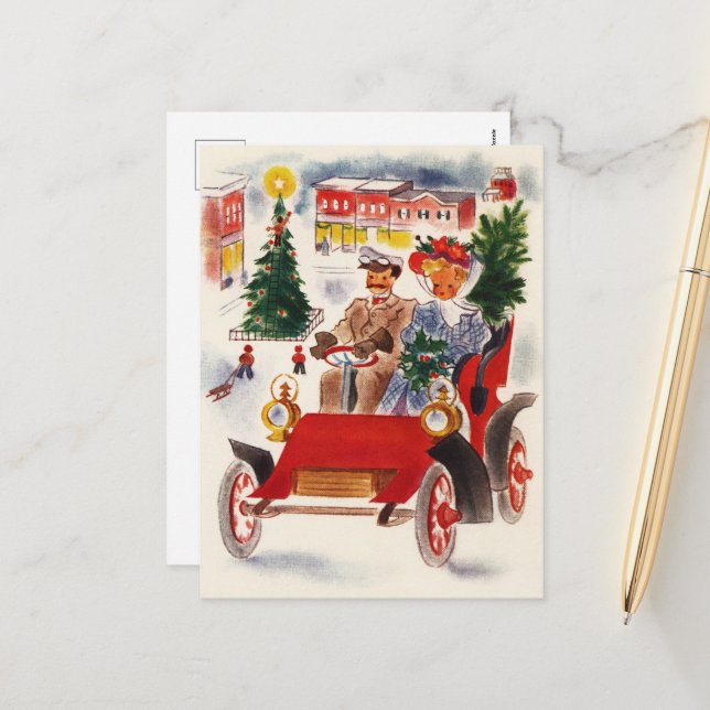 festive vintage Christmas car Holiday Postcard (Front/Back In Situ)