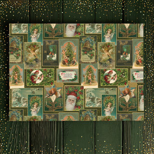 Festive Vintage Christmas Card Collage-Green BG Tissue Paper