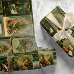 Festive Vintage Christmas Card Collage-Green BG Wrapping Paper<br><div class="desc">Festive and colourful holiday collage featuring vintage Christmas cards from the Victorian era including Santa,  angels,  stars,  seasonal flowers and cheery greetings on deep olive green background with gold sparkles.</div>
