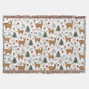 Festive Vintage Christmas Deer Woodland Pattern Throw Blanket