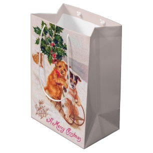festive vintage Christmas dog Holiday Medium Gift Bag
