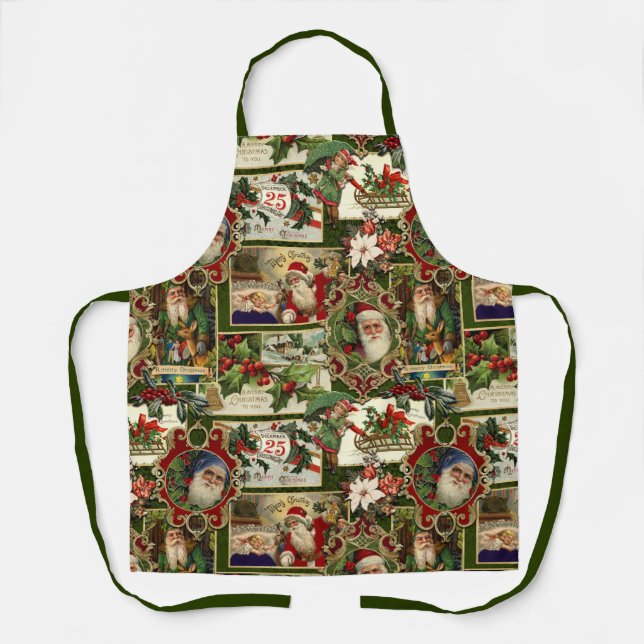 Festive Vintage Christmas Ephemera Collage-Green Apron (Front)