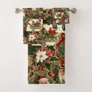 Festive Vintage Christmas Ephemera Collage-Green Bath Towel Set