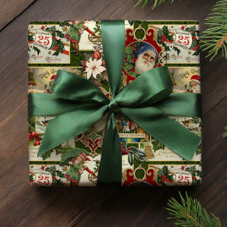 Festive Vintage Christmas Ephemera Collage-Green Wrapping Paper