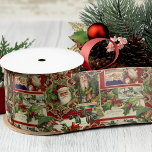 Festive Vintage Christmas Ephemera Collage-Red Satin Ribbon<br><div class="desc">Fun,  festive,  colourful and intricate holiday pattern featuring jolly old world Christmas ephemera from Victorian-era greeting cards,  including Santas in ornate frames,  holly,  mistletoe,  sleds,  winter scenes,  happy children and Merry Christmas greetings on green background.</div>