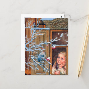 festive vintage Christmas girl and bird Holiday Postcard