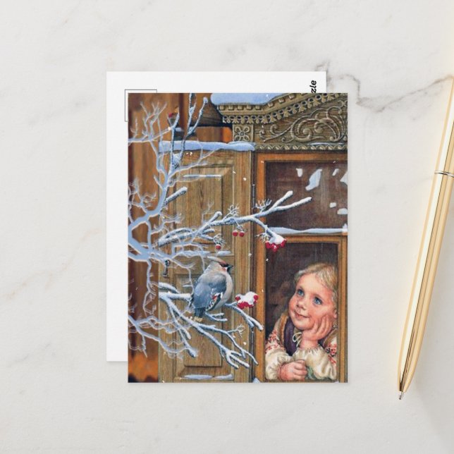 festive vintage Christmas girl and bird Holiday Postcard (Front/Back In Situ)