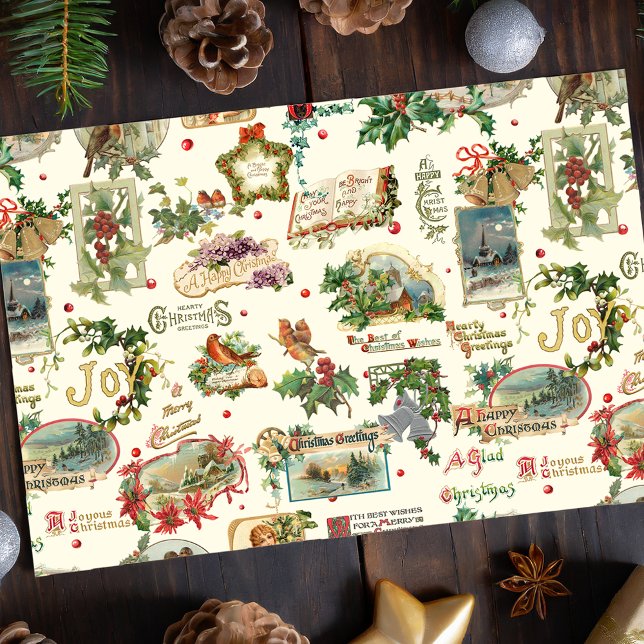 Festive Vintage Christmas Greetings Collage-Ecru  Tissue Paper (Creator Uploaded)