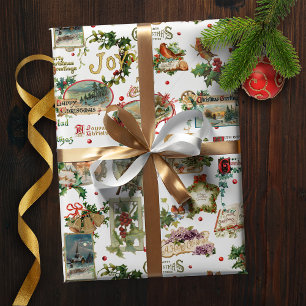 Festive Vintage Christmas Greetings Collage-White  Wrapping Paper