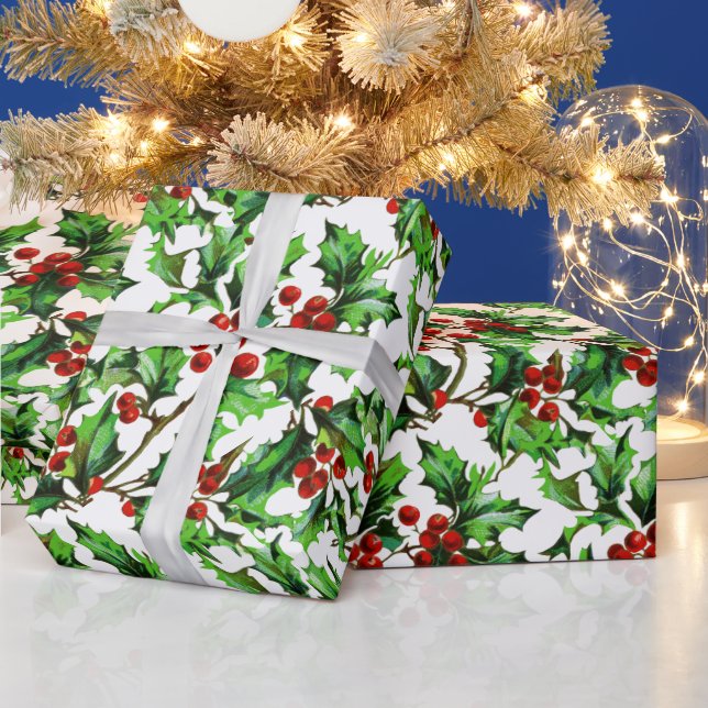 Festive Vintage Christmas Red Holly Berries  Wrapping Paper (Holidays)
