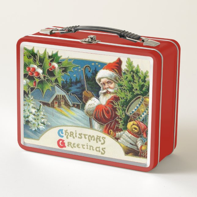 Festive vintage Christmas Santa Metal Lunch Box (Front)