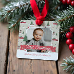 Festive Vintage Christmas Tree Farm Photo Ceramic  Metal Tree Decoration<br><div class="desc">Celebrate the magical and festive holiday season with our custom holiday photo ornament. Our vintage holiday design features a Christmas tree farm scenery, this Christmas pattern incorporates a farm Christmas scene featuring a farmhouse, a red barn, children playing and throwing snowballs, Christmas trees, and a red vintage truck. Customise with...</div>