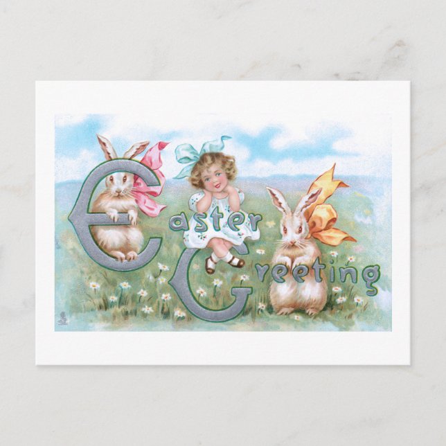 Festive Vintage Easter Bunnies, Child & Greeting Postcard (Front)