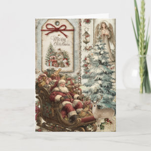 Festive Vintage Inspired Floral Santa Christmas Holiday Card