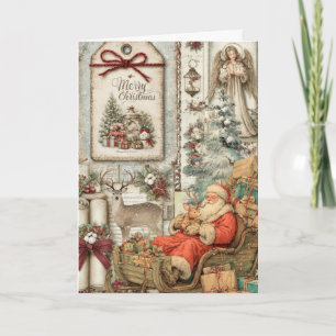 Festive Vintage Inspired Floral Santa Christmas Holiday Card