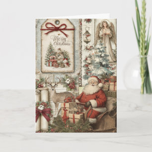 Festive Vintage Inspired Floral Santa Christmas Holiday Card