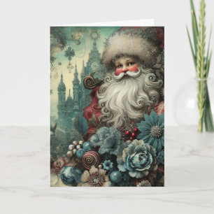 Festive Vintage Inspired Floral Santa Christmas Holiday Card