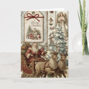 Festive Vintage Inspired Floral Santa Christmas Holiday Card