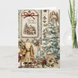 Festive Vintage Inspired Floral Santa Christmas Holiday Card