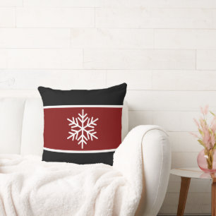 Festive Vintage Red Black White Stripes Snowflake Cushion