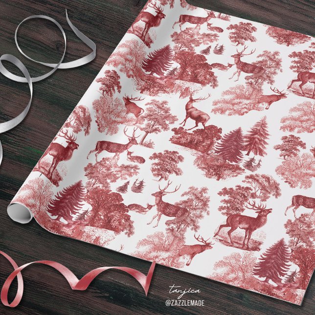 Festive Vintage Red Deer Woodland Toile Wrapping Paper (Creator Uploaded)