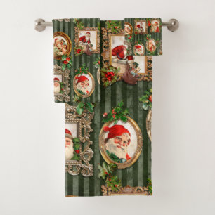 Festive Vintage Santas in Ornate Frames w/Holly  Bath Towel Set