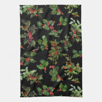 Festive Vintage Style Holly-Black Background Tea Towel