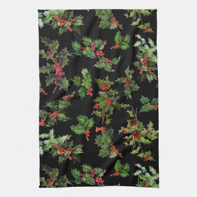 Festive Vintage Style Holly-Black Background Tea Towel (Vertical)