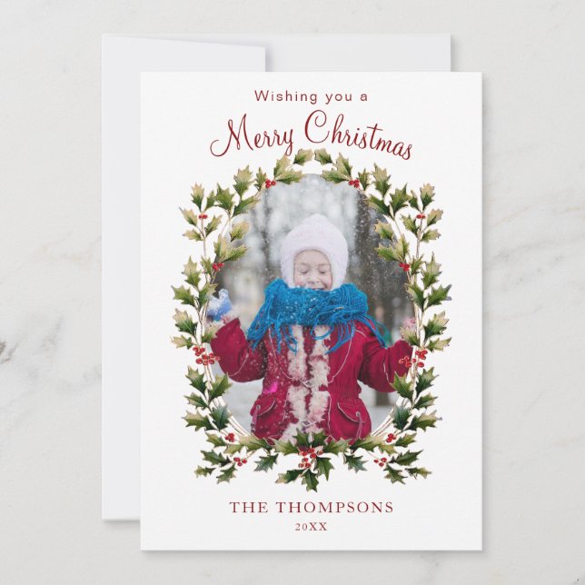 Festive Vintage Style Holly Photo Holiday Card (Front)