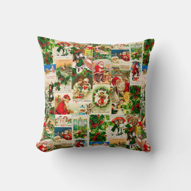 Festive Vintage Victorian Christmas Santa Collage  Cushion (Front)