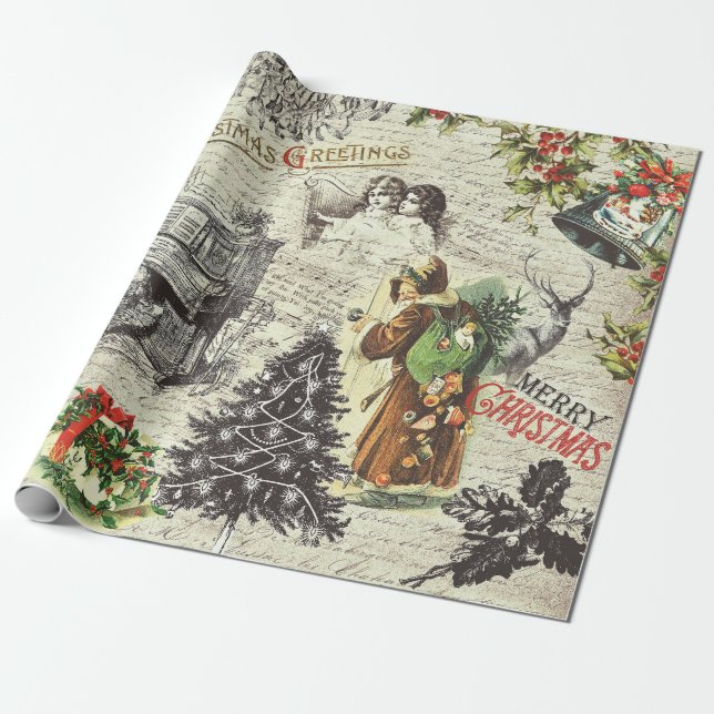 Festive Vintage Victorian Christmas Santa  Wrapping Paper (Unrolled)