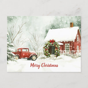Festive Vintage Watercolor Christmas Scene Postcard