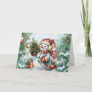 Festive Vintage Watercolor Christmas Snowman Blank Holiday Card