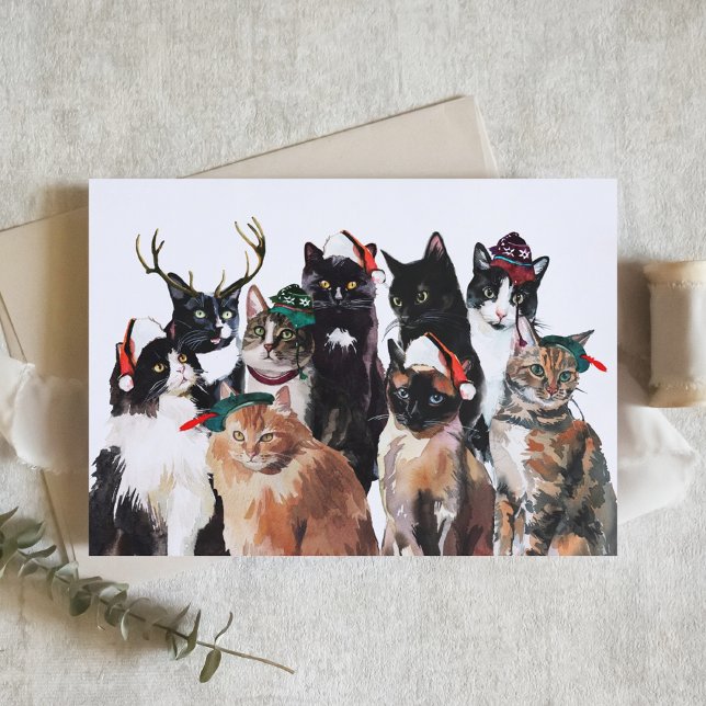 Festive Watercolor Cats with Santa Hats Christmas Holiday Card (Creator Uploaded)