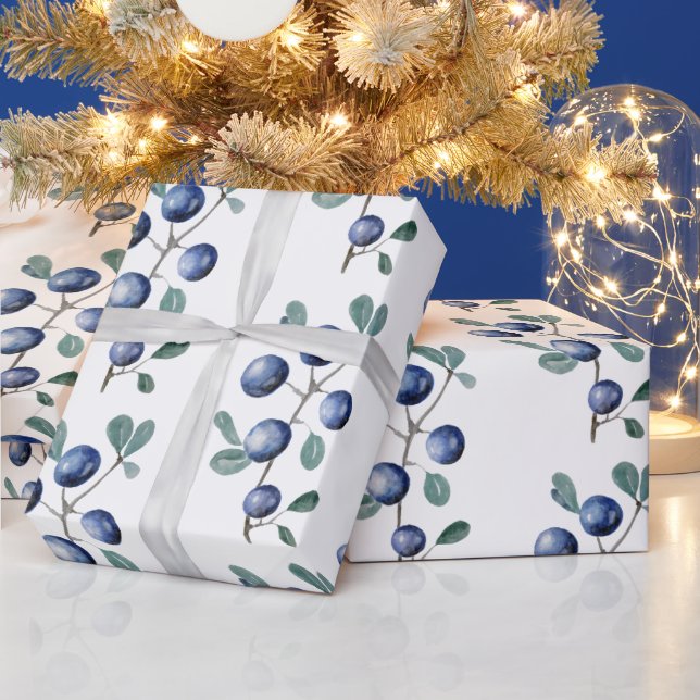 Festive Watercolor Christmas Blue Berries Wrapping Paper (Holidays)