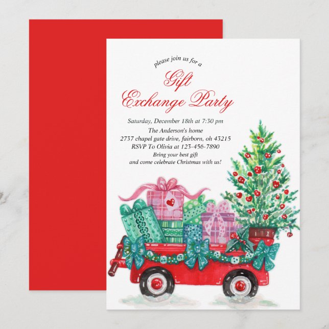 Festive Watercolor Christmas Gift Exchange Party  Invitation (Front/Back)