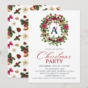 Festive Watercolor Christmas Holly Wreath Party Invitation