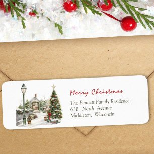 Festive Watercolor Christmas House Scene Return Address Label